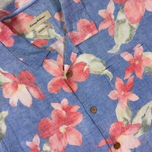 Tommy Bahama Mens Shirt XL Blue Pink Floral 100% Linen Original Fit Camp Short